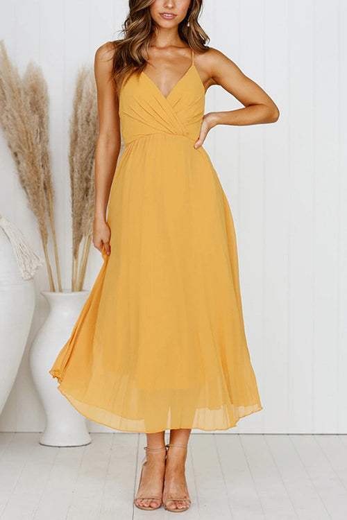 Elegant Pleated V-Neck Chiffon Midi Dress GOMINGLO