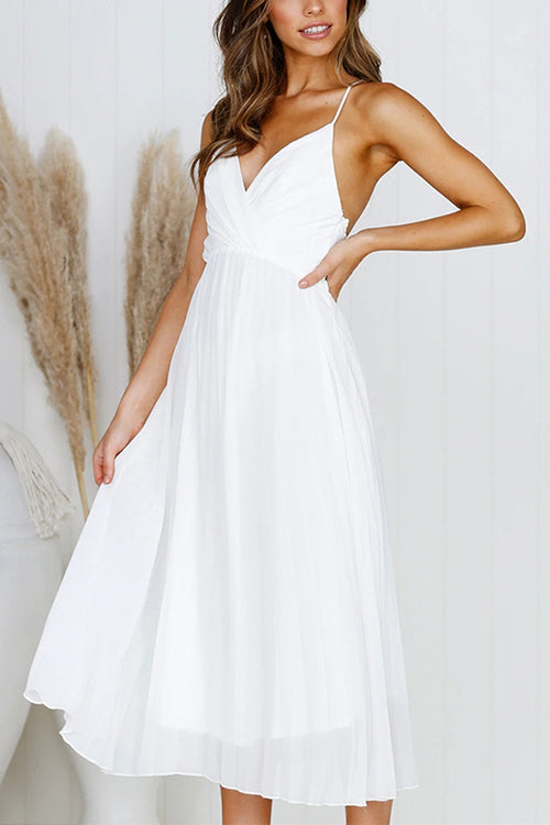 Elegant Pleated V-Neck Chiffon Midi Dress GOMINGLO