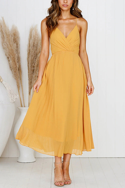 Elegant Pleated V-Neck Chiffon Midi Dress GOMINGLO