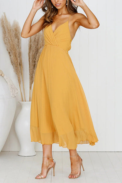 Elegant Pleated V-Neck Chiffon Midi Dress GOMINGLO