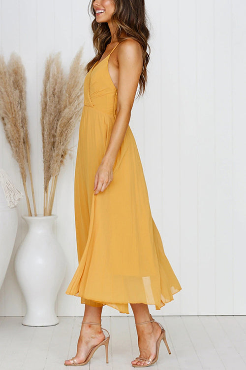 Elegant Pleated V-Neck Chiffon Midi Dress GOMINGLO