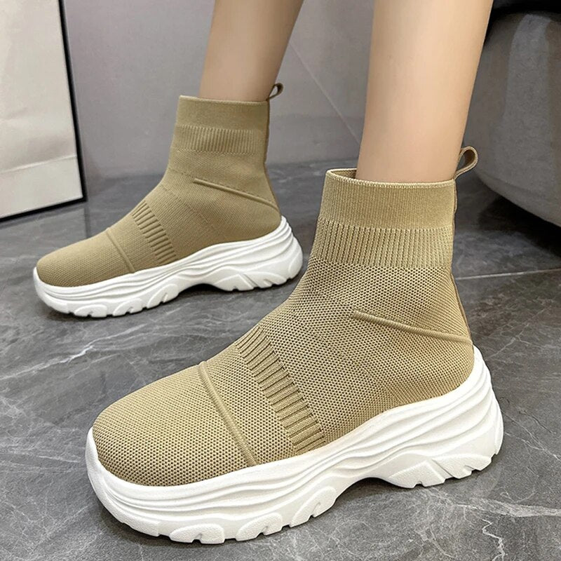 Fashion Chunky Autumn Winter Slip-On Elastic Knitted Slip-On Sock Boots GOMINGLO