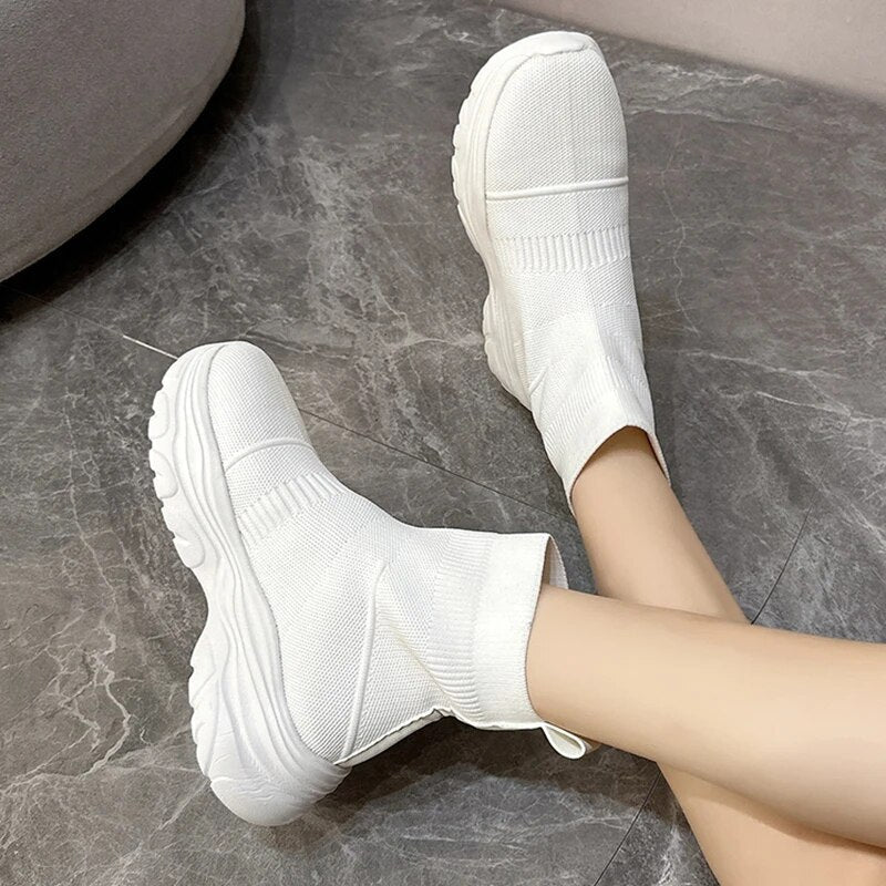 Fashion Chunky Autumn Winter Slip-On Elastic Knitted Slip-On Sock Boots GOMINGLO