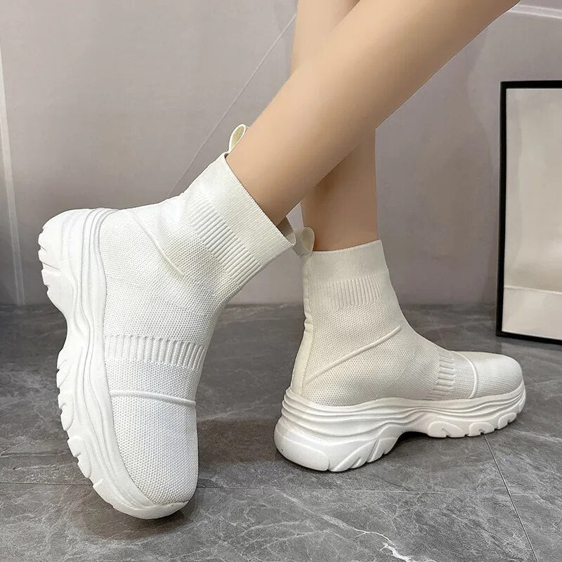 Fashion Chunky Autumn Winter Slip-On Elastic Knitted Slip-On Sock Boots GOMINGLO