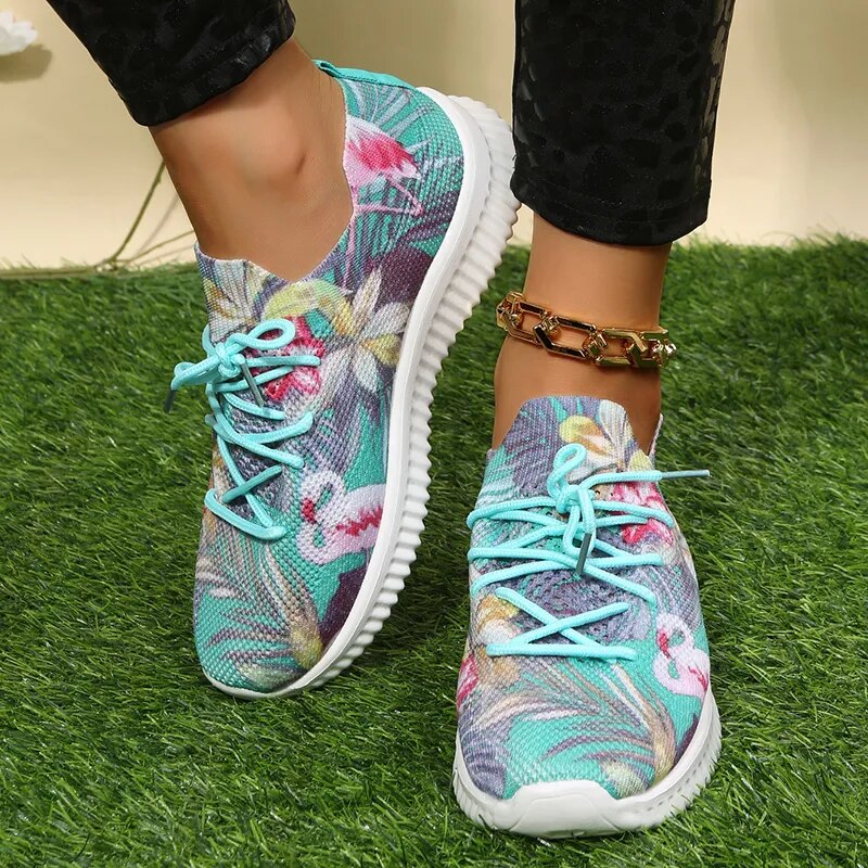 Fashion Printed Knitting Breathable Mesh Soft Sole Casual Sneakers for Women GOMINGLO