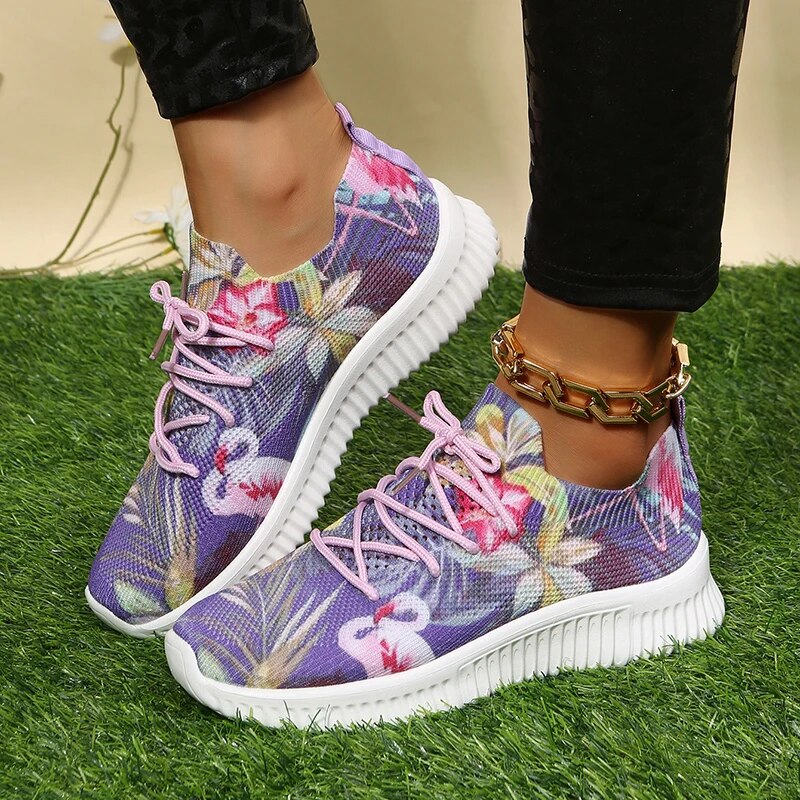 Fashion Printed Knitting Breathable Mesh Soft Sole Casual Sneakers for Women GOMINGLO