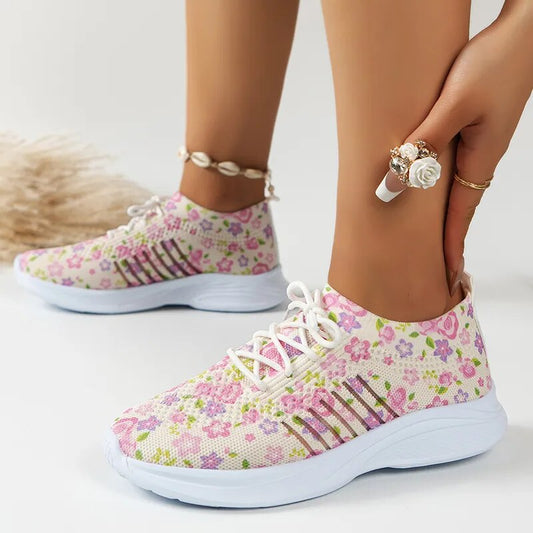 Fashion Printed Mesh Breathable Lightweight Non Slip Flats Sneakers for Women GOMINGLO