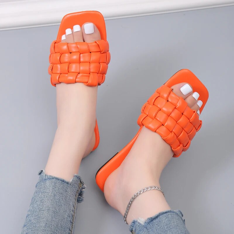 Flip Flops Square Toe Flat Weave Soft Slippers for Women GOMINGLO