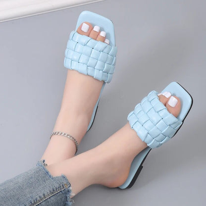 Flip Flops Square Toe Flat Weave Soft Slippers for Women GOMINGLO