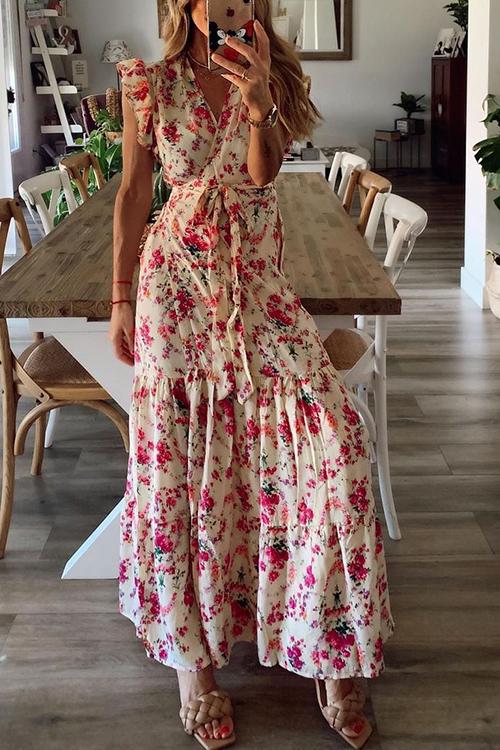 Floral Print Elegant V Neck Loose Maxi Dress GOMINGLO