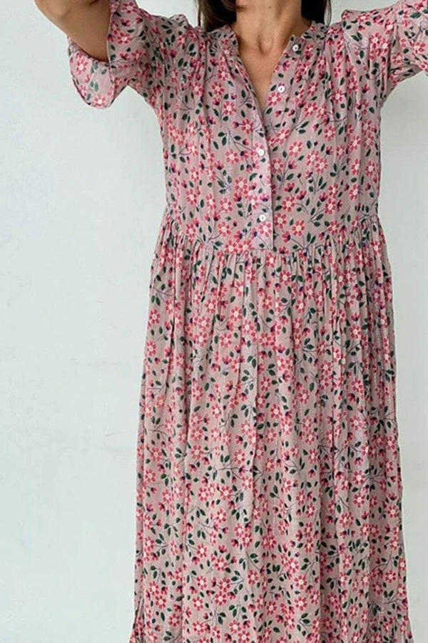 Floral Printed Casual Hollow Out V-Neck Loose Maxi Dress GOMINGLO