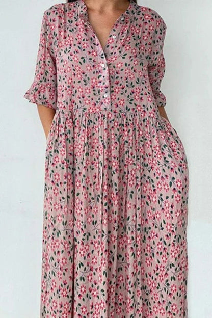 Floral Printed Casual Hollow Out V-Neck Loose Maxi Dress GOMINGLO