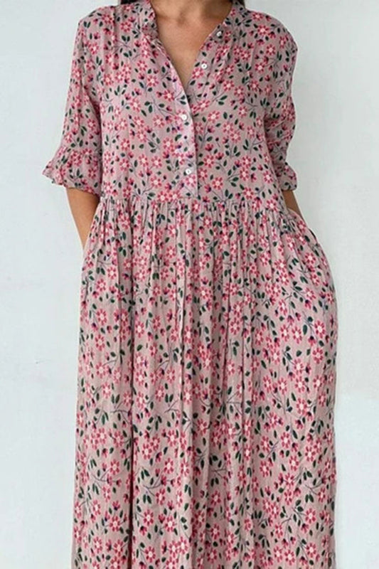 Floral Printed Casual Hollow Out V-Neck Loose Maxi Dress GOMINGLO