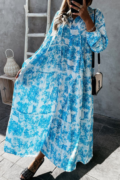 Floral Printed Drawstring Long Sleeve Maxi Dress GOMINGLO