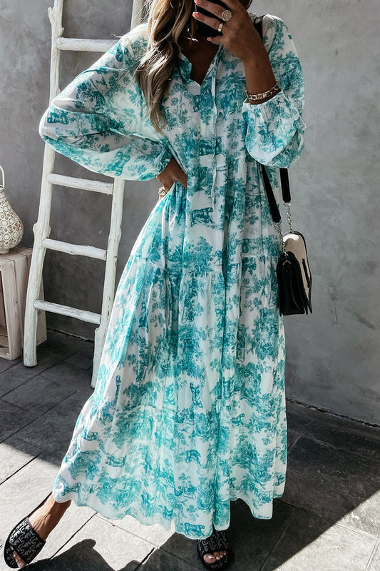 Floral Printed Drawstring Long Sleeve Maxi Dress GOMINGLO