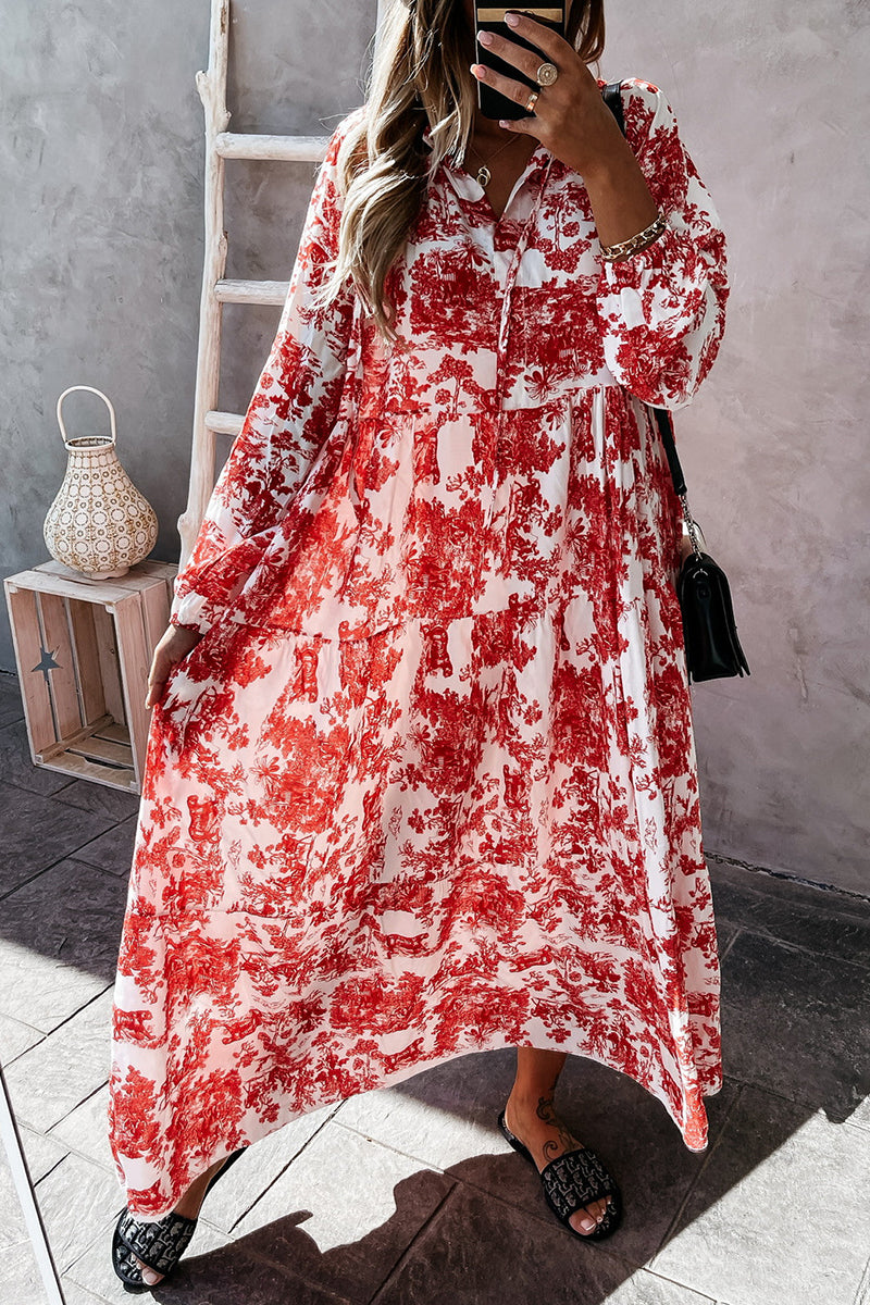 Floral Printed Drawstring Long Sleeve Maxi Dress GOMINGLO