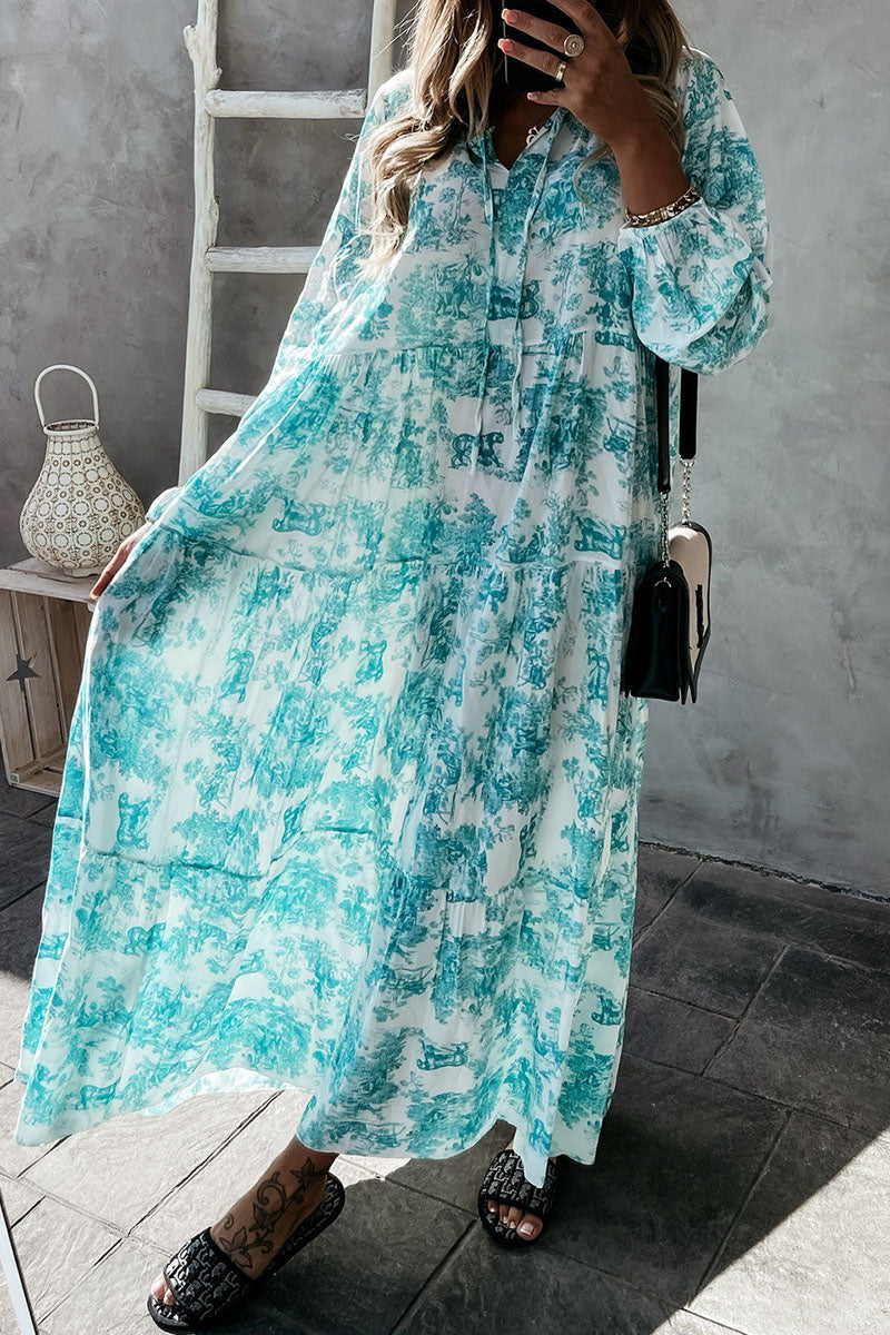 Floral Printed Drawstring Long Sleeve Maxi Dress GOMINGLO