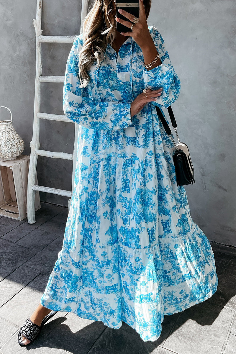 Floral Printed Drawstring Long Sleeve Maxi Dress GOMINGLO