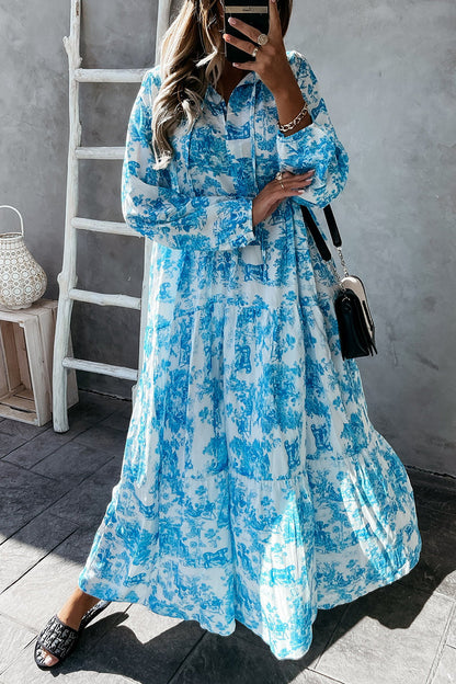 Floral Printed Drawstring Long Sleeve Maxi Dress GOMINGLO