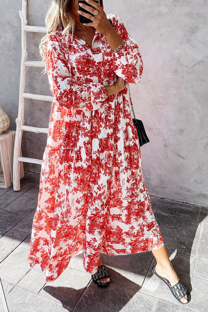 Floral Printed Drawstring Long Sleeve Maxi Dress GOMINGLO