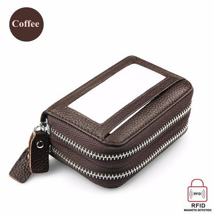 Genuine Leather RFID Double Zipper 11 Card Holder Coin Bag GOMINGLO