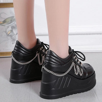 Gominglo - Black High Wedge Metal Chain Punk Style Boots GOMINGLO