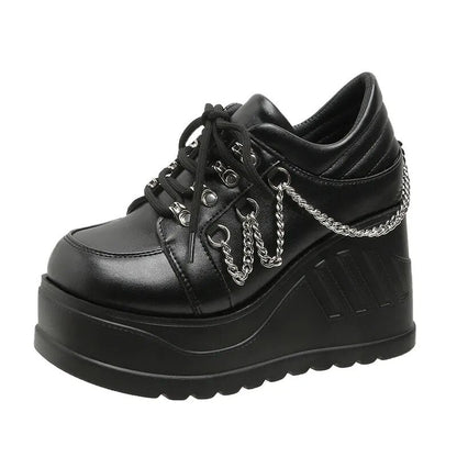 Gominglo - Black High Wedge Metal Chain Punk Style Boots GOMINGLO