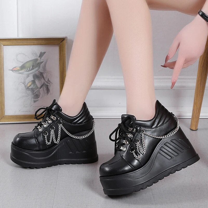 Gominglo - Black High Wedge Metal Chain Punk Style Boots GOMINGLO