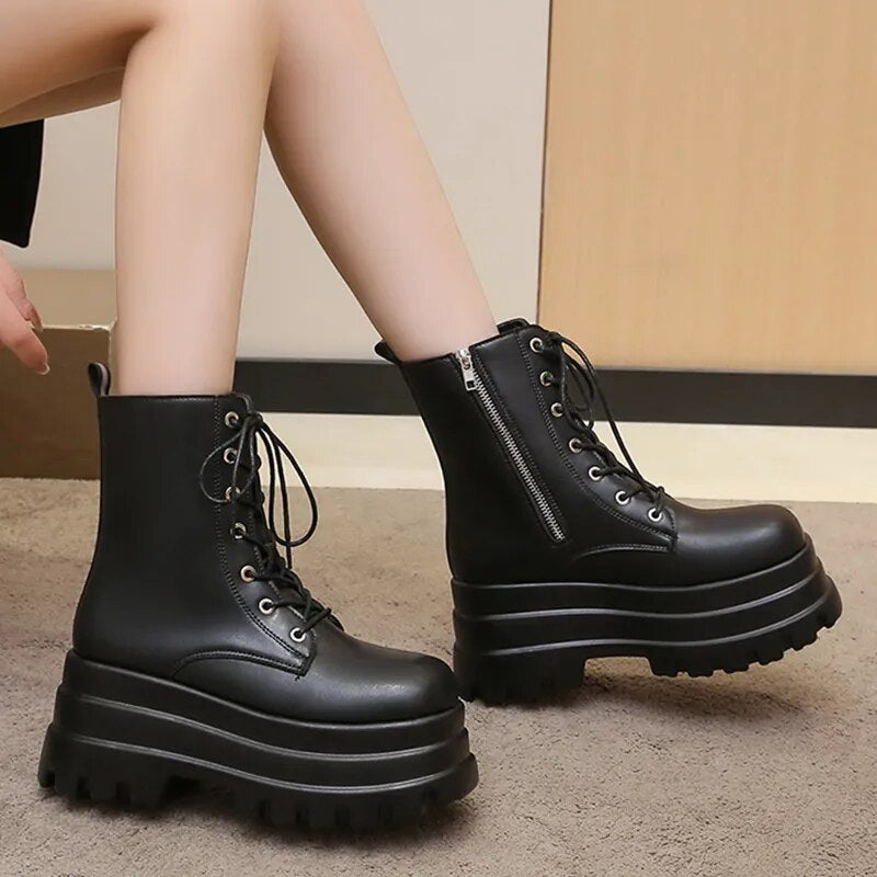 Gominglo - Black Punk Chunky Autumn Winter PU Leather Platform Ankle Boots GOMINGLO