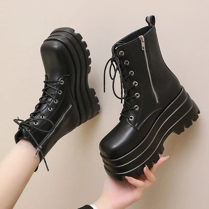 Gominglo - Black Punk Chunky Autumn Winter PU Leather Platform Ankle Boots GOMINGLO