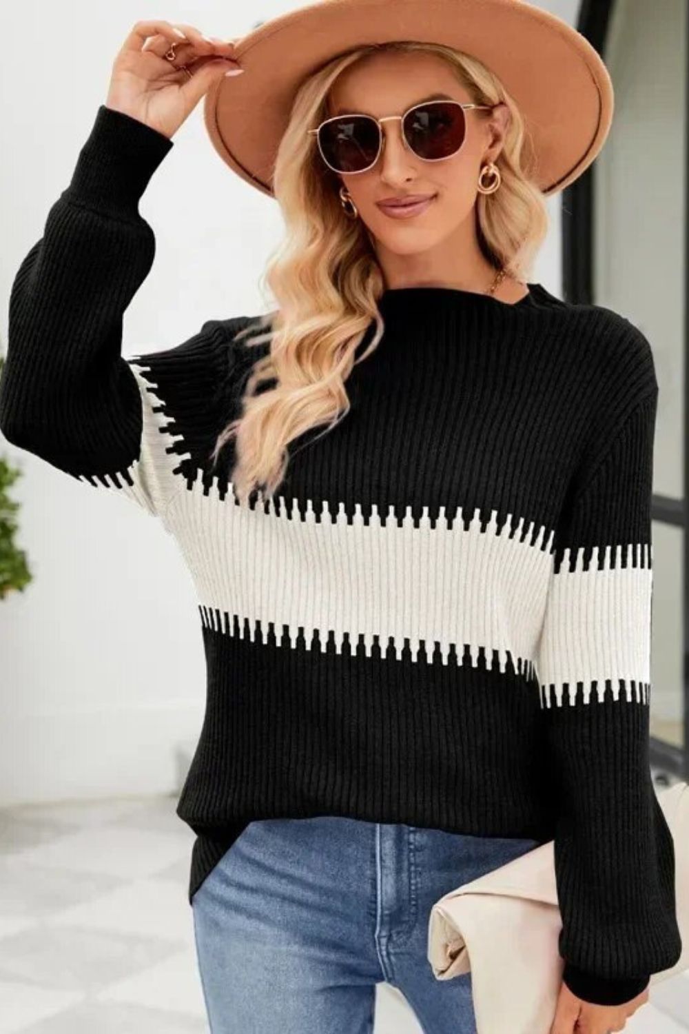 Gominglo - Casual Simple Turtleneck Sweater Long Sleeve Striped Pullover Sweater Chunky Knit Jumper GOMINGLO