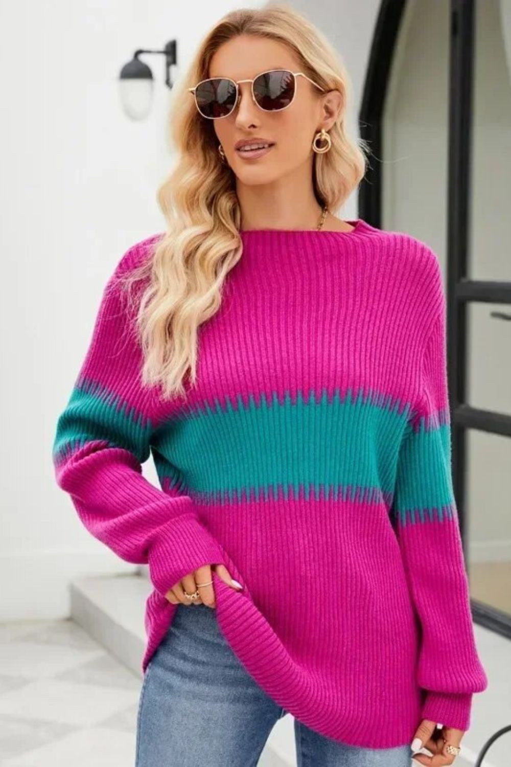 Gominglo - Casual Simple Turtleneck Sweater Long Sleeve Striped Pullover Sweater Chunky Knit Jumper GOMINGLO