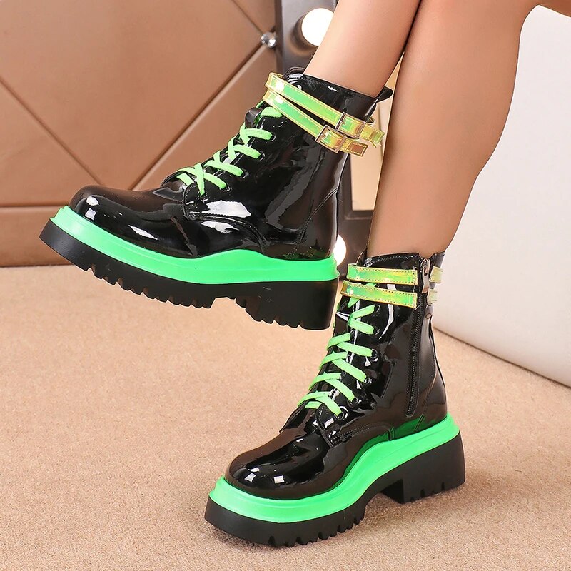 Gominglo - Chunky Platform Autumn Winter Thick Bottom Patent Leather Ankle Boots For Women GOMINGLO