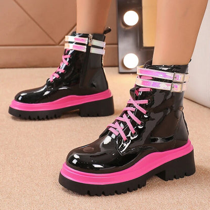 Gominglo - Chunky Platform Autumn Winter Thick Bottom Patent Leather Ankle Boots For Women GOMINGLO