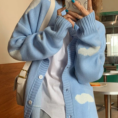 Gominglo - Cute Clouds Printed O Neck Loose Casual Knitted Cardigan GOMINGLO