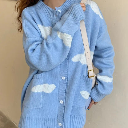 Gominglo - Cute Clouds Printed O Neck Loose Casual Knitted Cardigan GOMINGLO