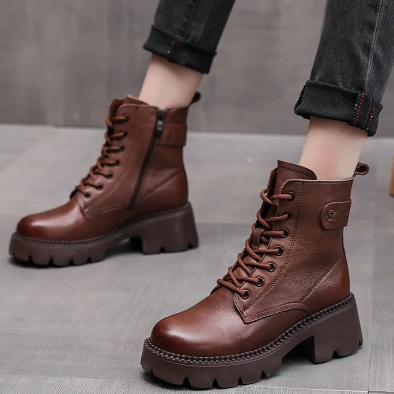 Gominglo - Genuine Leather Round Toe Concise Leisure Sewing Platform Boots  For Women GOMINGLO