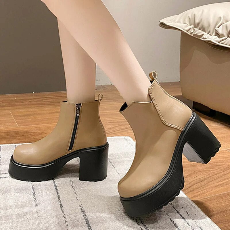 Gominglo - Gothic Chunky Autumn Winter High Heels Pu Leather Platform Ankle Boots GOMINGLO