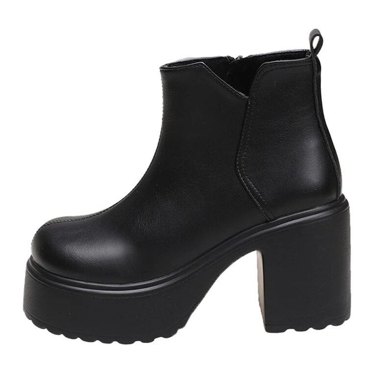 Gominglo - Gothic Chunky Autumn Winter High Heels Pu Leather Platform Ankle Boots GOMINGLO