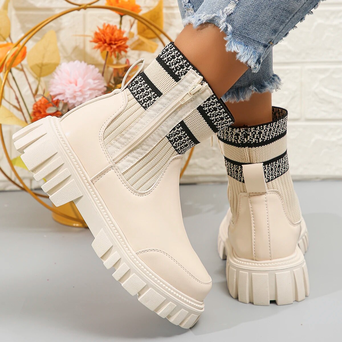Gominglo - New Women's Fashion Chunky Striped Knitted Autumn Winter Ankle Boots GOMINGLO