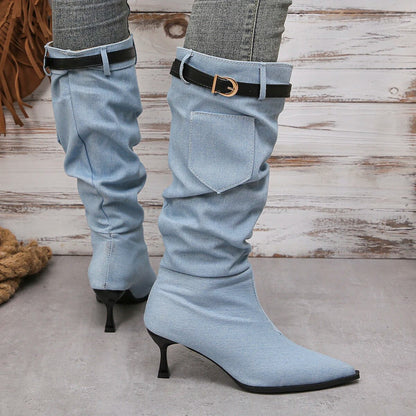 Gominglo - Pleated High Knee Denim Autumn Winter Boot for Women GOMINGLO