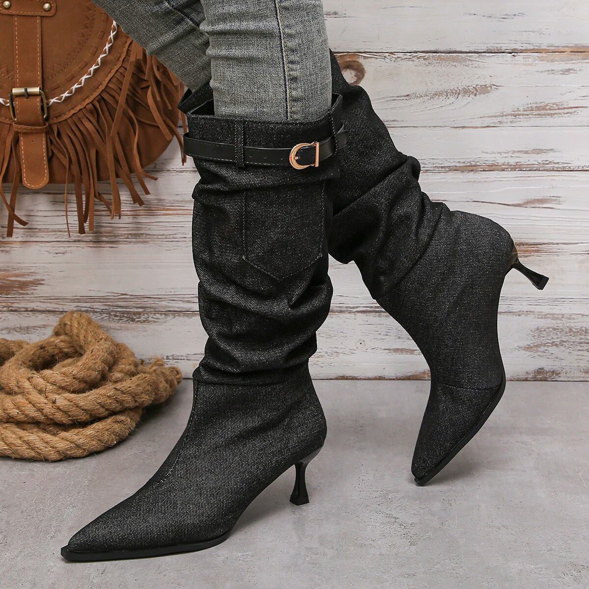 Gominglo - Pleated High Knee Denim Autumn Winter Boot for Women GOMINGLO