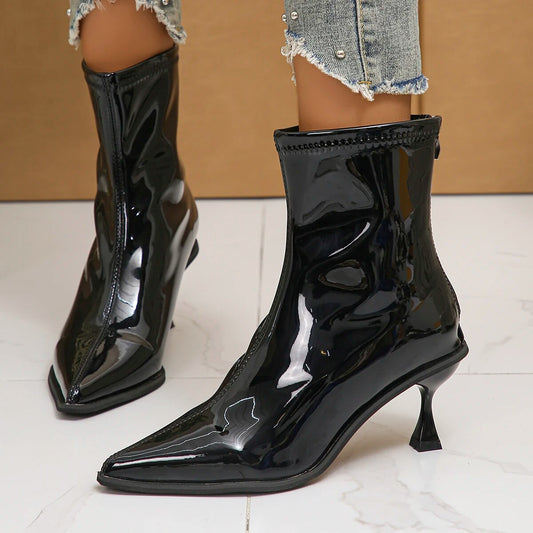 Gominglo -  Sexy Pointed Toe High Heels Patent Leather Ankle Boots GOMINGLO