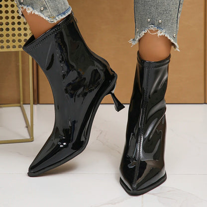 Gominglo -  Sexy Pointed Toe High Heels Patent Leather Ankle Boots GOMINGLO