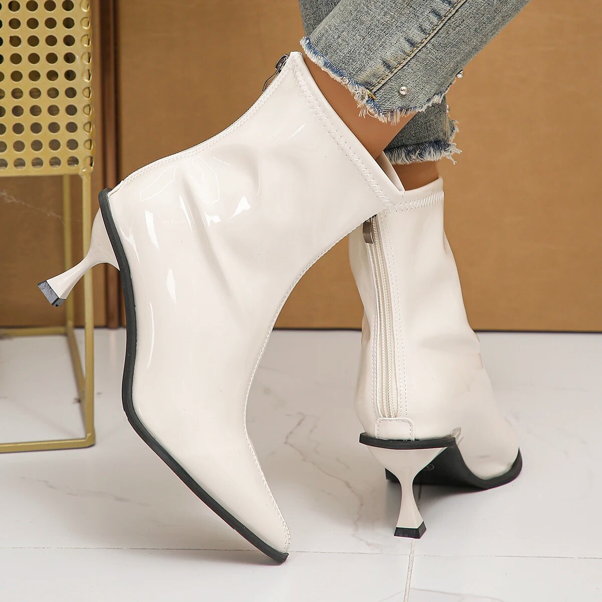 Gominglo -  Sexy Pointed Toe High Heels Patent Leather Ankle Boots GOMINGLO