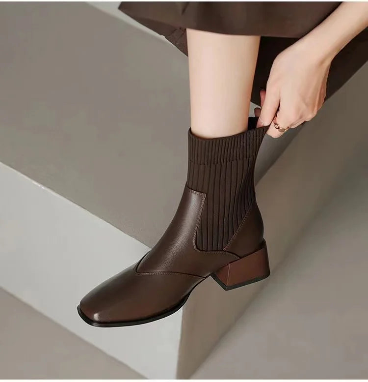 Gominglo - Square Head Spliced Woven Leather Naked Boots GOMINGLO