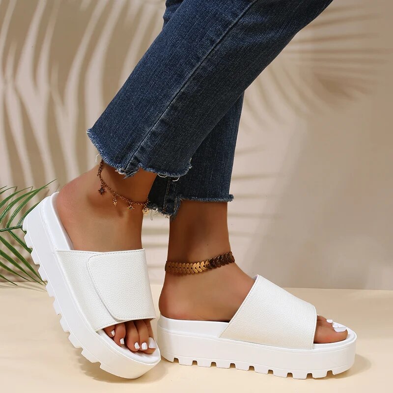 Gominglo -Thick Sole PU Leather Platform Slippers for Women GOMINGLO