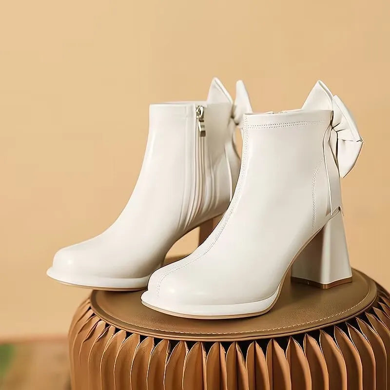 Gominglo - Versatile Elegance Solid Round Bow High Heel Boots GOMINGLO