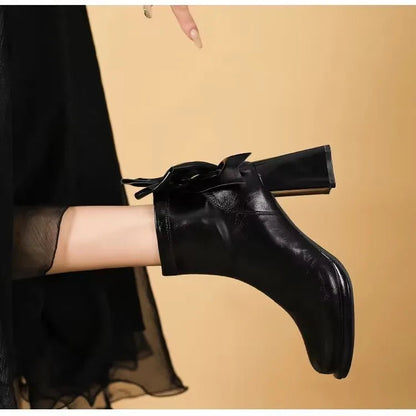 Gominglo - Versatile Elegance Solid Round Bow High Heel Boots GOMINGLO