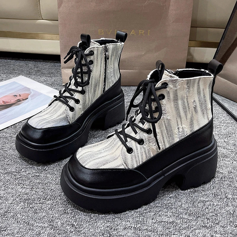 Gominglo - Women's Autumn Winter Color Matching Canvas Face Fashion Boots GOMINGLO